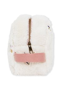 Piccolo sacchetto soffice e bianco con un manico intrecciato rosa e una cerniera centrale in bronzo, dotato di sottili dettagli floreali ricamati.