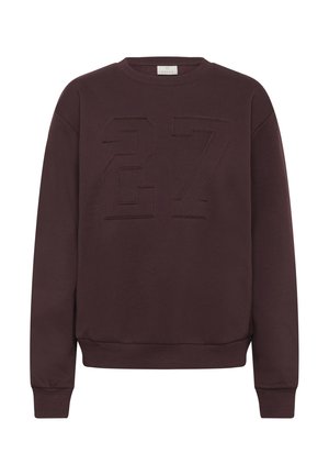 Burgundy sweatshirt with ribbed cuffs and hem, featuring a textured, oversized number "27" on the front. Made from soft fabric.
