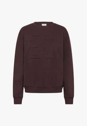Bordeauxfarbenes Sweatshirt mit gerippten Bündchen und Saum, das auf der Vorderseite eine strukturierte, übergroße Zahl "27" aufweist. Hergestellt aus weichem Material.