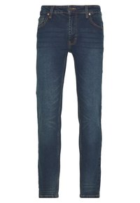Mörkblå denimjeans med rak benstil. Funktioner inkluderar en knappstängning, fem fickor och subtil blekning på låren.