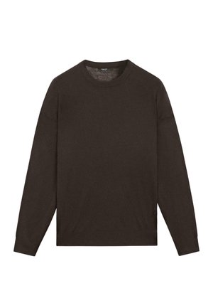 Pull marron à manches longues avec col rond, fabriqué en tissu doux à texture lisse. Présente des poignets et un ourlet côtelés pour une coupe ajustée.