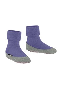 Calze in tessuto viola con risvolto e suole in suede grigio dotate di puntini in gomma per una presa migliore. Progettate per comfort e stabilità.