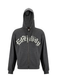 Gray zip-up hoodie featuring a large white "Ed Hardy" logo across the chest. Designed with a hood and front pockets, crafted from soft fabric.