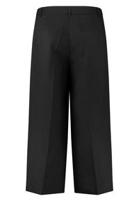 Svarta byxor med vida ben tillverkade av ett mjukt tyg med skräddarsydd midja. Två bakfickor och rena sömmar utan synliga dekorationer.