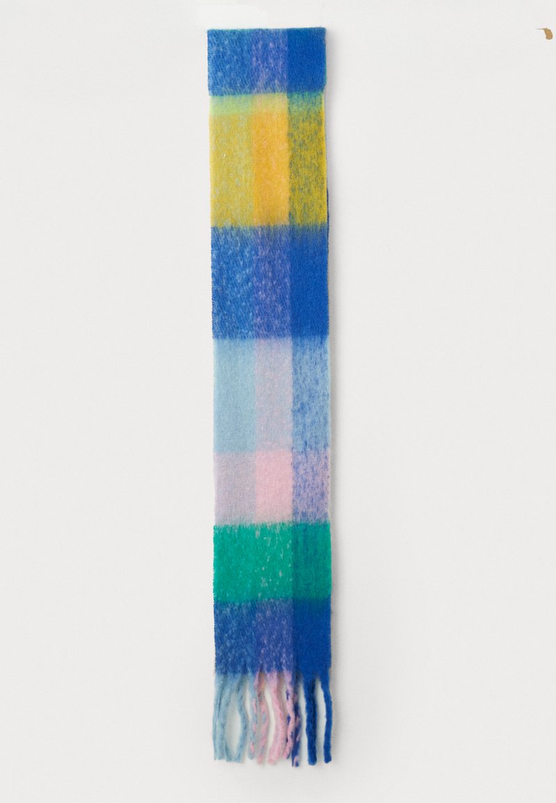 Écharpe en laine présentant un motif à carreaux multicolore dans les teintes bleu, jaune, vert, rose et violet, avec des extrémités à franges et une texture douce.