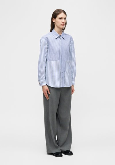 Γυναίκα όρθια που φοράει μπλε και λευκό ριγέ πουκάμισο με κουμπιά, γκρι παντελόνια φαρδιάς γραμμής και μαύρα παπούτσια σε απλό λευκό φόντο.