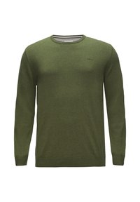 Groene langemouwen trui met een ronde hals, gemaakt van textuurstof. Beschikt over een klein logo op de borst en ribgebreide manchetten en zoom.