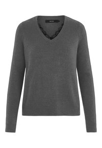 Grau melierter V-Ausschnitt-Pullover mit langen Ärmeln, weicher Textur und einer dekorativen schwarzen Spitzenborte am Ausschnitt. Einfaches, klassisches Design.