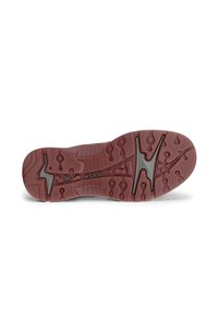 Semelle en caoutchouc rouge avec des motifs de grip texturés, présentant un talon prononcé et des rainures pour la traction. Logo Ecco visible au centre.