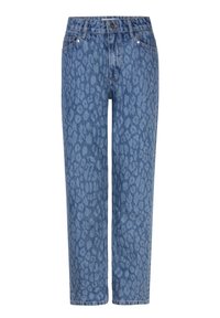 Lichtblauwe denimjeans met een subtiele luipaardprint, recht gesneden, vijf zakken en een knoopsluiting.