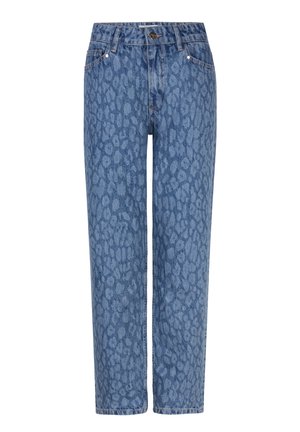 Lichtblauwe denimjeans met een subtiele luipaardprint, recht gesneden, vijf zakken en een knoopsluiting.