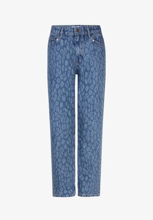 Lichtblauwe denimjeans met een subtiele luipaardprint, recht gesneden, vijf zakken en een knoopsluiting.