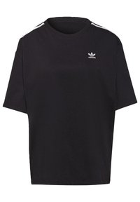 Black cotton t-shirt with a crew neck, short sleeves, and white striped accents on shoulders. Features a small white Adidas logo on the chest.