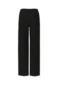 Black wide-leg pants with an elastic waistband, featuring two back pockets and red side stripes for contrast. Smooth texture, unadorned design.