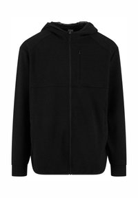 Sudadera negra con cremallera, que presenta capucha, tela suave, mangas raglán y una textura uniforme sin patrones o acentos visibles.