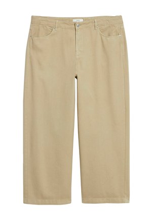 Beige Hosen mit weitem Bein, vorn mit Knopf- und Reißverschluss, Gürtelschlaufen und Vordertaschen, aus weichem Stoff gefertigt.