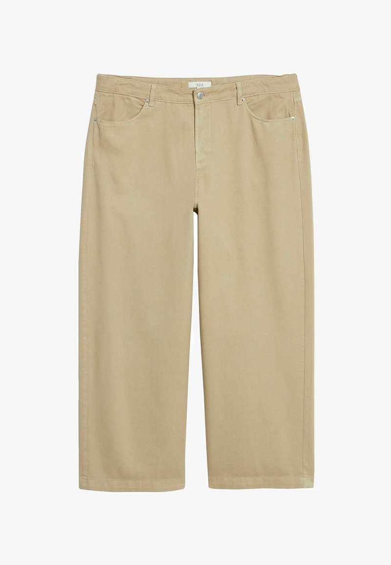 Beige bukser med vide ben, frontknap og lynlås, bæltestropper og forlommer, lavet af blødt stof.