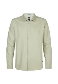 Camisa de manga larga verde claro, con botones en la parte delantera, cuello puntiagudo, textura suave y una etiqueta cerca del dobladillo inferior.