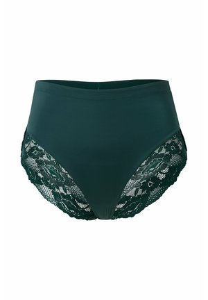 Vysoké kalhotky v tmavě zelené barvě. Hladký přední panel s krajkovými bočními panely s květinovými vzory a vlnitým okrajem.