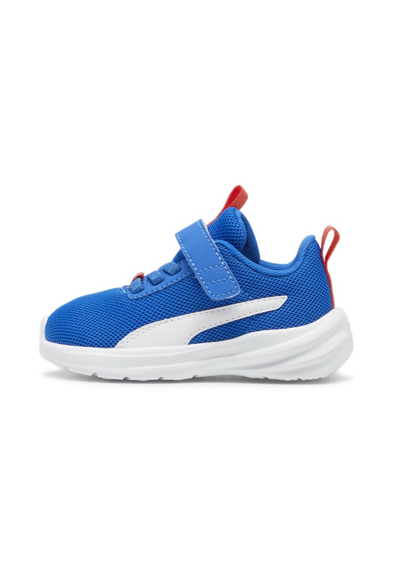 Blue mesh athletic shoe with white accents, featuring a hook-and-loop strap, rounded sole, and a red heel tab for easy wear.