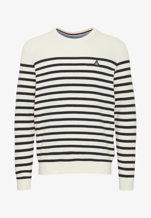 Pulover tricotat cu dungi în alb și bleu marin, cu un guler rotund, manșete cu nervuri și un mic logo pe piept.