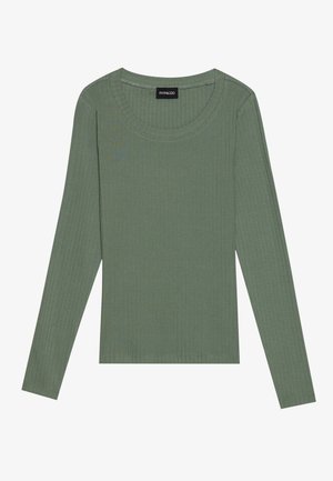 Long-sleeve, ribbed top in olive green. Features a round neckline and fitted design with a smooth texture. Made from lightweight material.