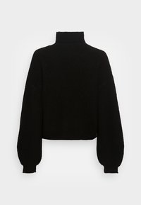 Pull noir court avec un col haut, texture côtelée et manches ballon larges, mettant en valeur un matériau tricoté doux et un design minimaliste.