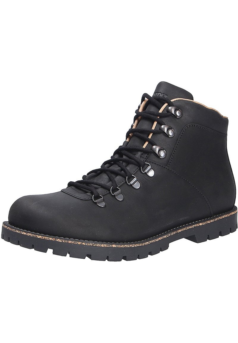 Schwarzer Leder-Wanderschuh mit runder Zehe, Metallösen und schwarzen Schnürsenkeln. Robuste Gummisohle mit einer strukturierten Profilierung für besseren Halt.