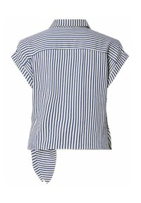 Camicia a maniche corte a righe blu e bianche, con colletto, scomposizione posteriore e dettaglio di legatura laterale. Tessuto morbido e vestibilità rilassata.