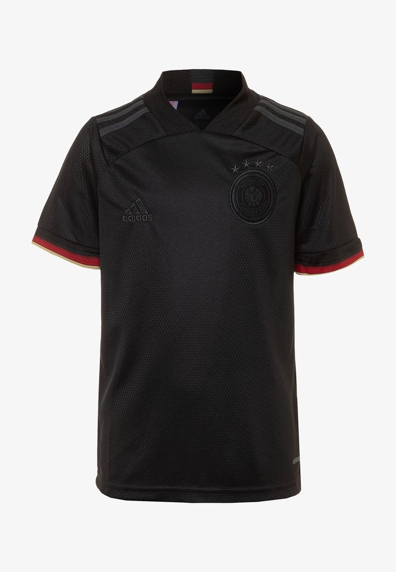 Černý fotbalový dres s krátkými rukávy, disponující výstřihem do V, texturovanou tkaninou a třemi šedými pruhy na ramenou. Obsahuje červené a žluté akcenty.