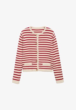 Červený a krémový pruhovaný kardigán vyrobený z mäkkej pleteniny, s uzatvorením na zlaté gombíky a dvoma prednými vreckami s detailmi z copíkovej pleteniny.