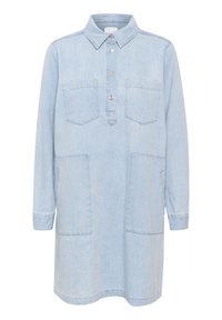 Abito in denim azzurro chiaro con colletto a button-down, pattina frontale, Due tasche sul petto e tasche laterali. Maniche lunghe con polsini abbottonati.