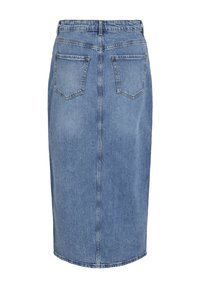 Denim pencil skirt in light blue. Features a mid-length cut, rear pockets, and a seamless waistband; smooth texture with slight fading.