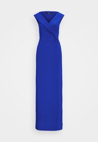 Long, fitted evening dress in bright blue. Features cap sleeves, a deep V-neck, and a twisted detail at the waist, made from smooth fabric.
