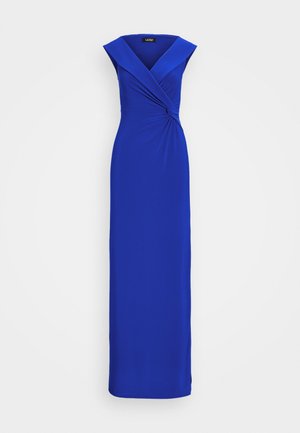Long, fitted evening dress in bright blue. Features cap sleeves, a deep V-neck, and a twisted detail at the waist, made from smooth fabric.
