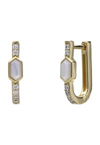 Gouden oorbellen met een witte octagonale steen en diamantachtige accenten aan de zijkant, een gladde textuur en een strakke vormgeving.