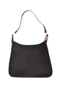 Czarna sk�órzana torba na ramię z pojedynczym paskiem i złotymi detalami, o minimalistycznym, lekko zaokrąglonym prostokątnym kształcie.