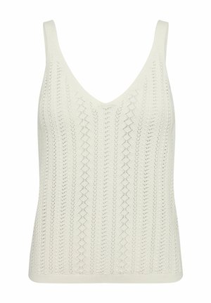 Bela megzta be rankovių palaidinė su V formos iškirpte ir vertikaliomis atviromis rašto detalėmis iš lengvos medžiagos.