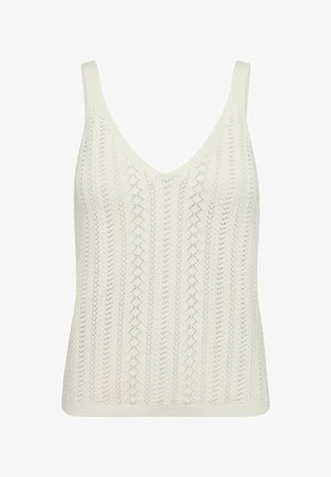 Bela megzta be rankovių palaidinė su V formos iškirpte ir vertikaliomis atviromis rašto detalėmis iš lengvos medžiagos.