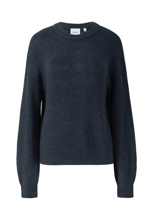 Granatowy sweter z dzianiny o okrągłym dekolcie, długich rękawach i teksturowanym wzorze. Manżety i dół swetra są prążkowane dla dodatkowego akcentu.
