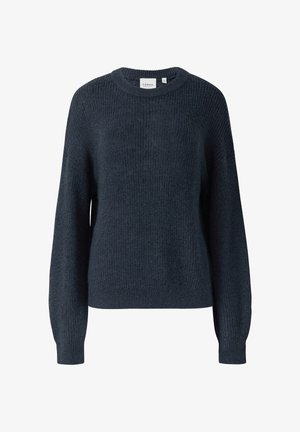 Dunkelblauer Strickpullover mit rundem Halsausschnitt, langen Ärmeln und einem strukturierten Muster. Die Bündchen und der Saum sind gerippt für zusätzliche Details.