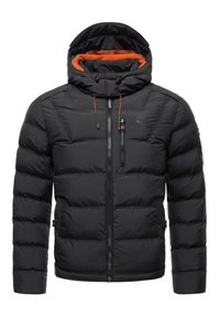 Schwarze gepolsterte Jacke mit Reißverschluss vorne, orangefarbigen Akzenten im Futter der Kapuze und verstellbaren Kordelzügen, mit Seitentaschen und Logodetail.