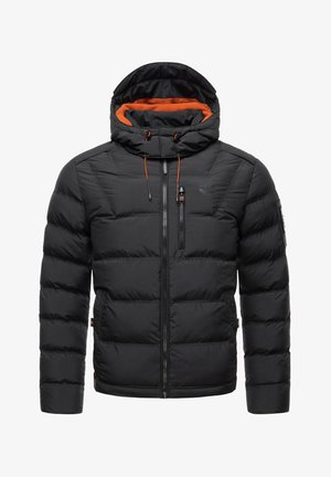 Schwarze gepolsterte Jacke mit Reißverschluss vorne, orangefarbigen Akzenten im Futter der Kapuze und verstellbaren Kordelzügen, mit Seitentaschen und Logodetail.