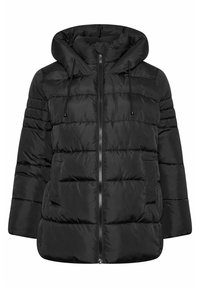 Svart puffjacka med huva, med quiltade sektioner, framfickan med dragkedja, dragsko och en känguruficka. Slät, lätt vikt material.