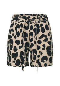 Pantaloni corti beige con stampa leopardata nera, vita con lacci, spacchi laterali e orli risvoltati. Realizzati in tessuto leggero.