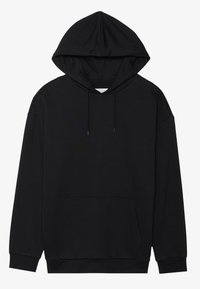 Crna majica s kapuljačom od mekog tkanja. Ima prednji džep, kapuljaču sa vezicama te rebraste manžete i rub. Klasični kroj, jednostavan dizajn.