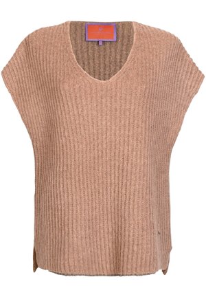 Beżowa, bezrękawnikowa dzianinowa kamizelka z dekoltem w serek, prążkowaną fakturą i małymi bocznymi rozcięciami u dołu.