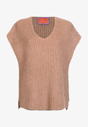 Gilet en maille beige sans manches avec encolure en V, texture côtelée et petites fentes latérales à l'ourlet.
