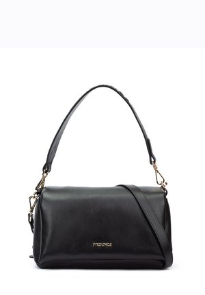 Sac à bandoulière en cuir noir avec fermoirs dorés, double bandoulière et un petit logo doré "Pikolinos" au centre avant.