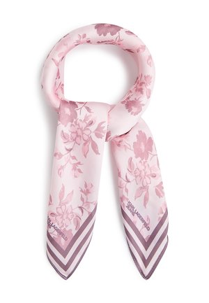 Eșarfă roz din mătase cu modele florale și margini dungi, legată lejer, cu marca "Karl Lagerfeld" imprimată pe material.